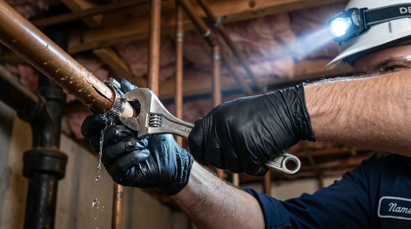 Emergency pipe clamp repair being performed by a Johns Plumbing LLC plumber in Camilla