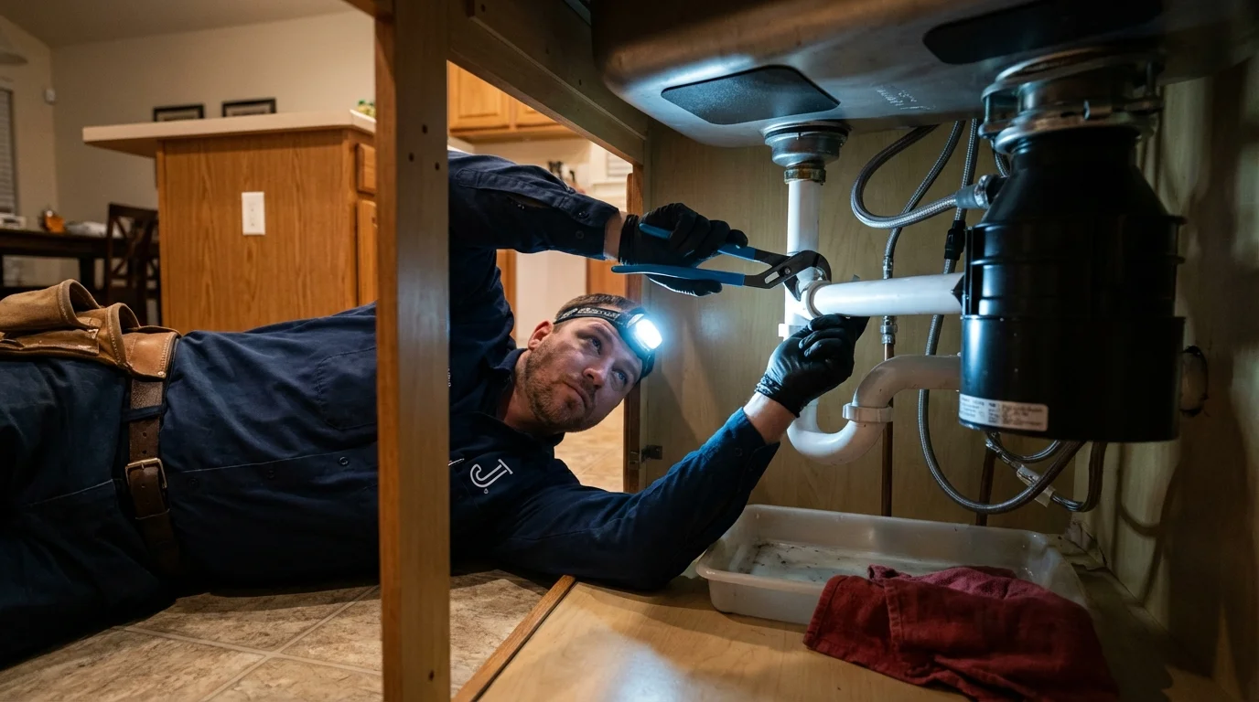 P-trap and supply line connections under a kitchen sink showing a common leak point in Camilla, GA